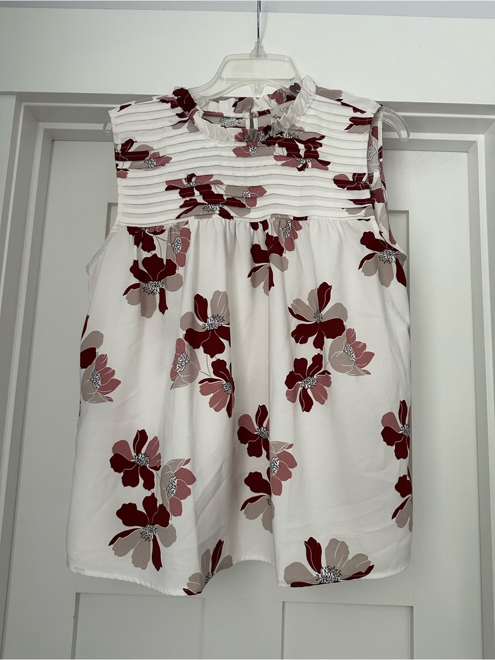 LOFT Floral Ruffled Neck Sleeveless Top - White & Burgundy